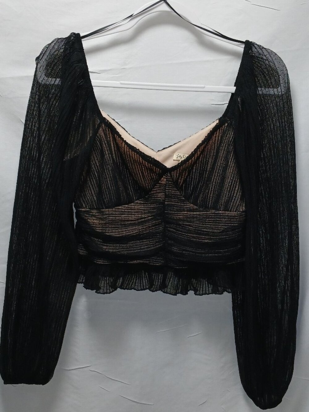 Lily White Black Sheer Ruched Long Sleeve Crop Top | Juniors M / Women’s S